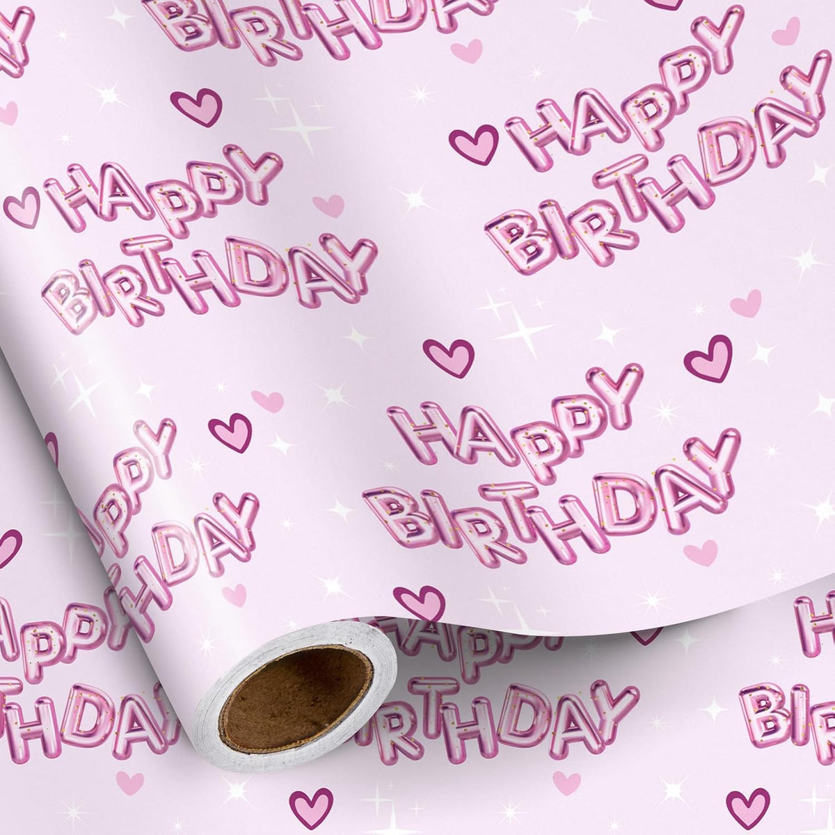 Birthday Wrapping Paper Women Girls, Mini Roll, Hearts And Pink Happy Birthday Balloons Design Gift Wrap Paper Perfect For Girls' Party Gifts, 17 Inches X 16.4 Feet