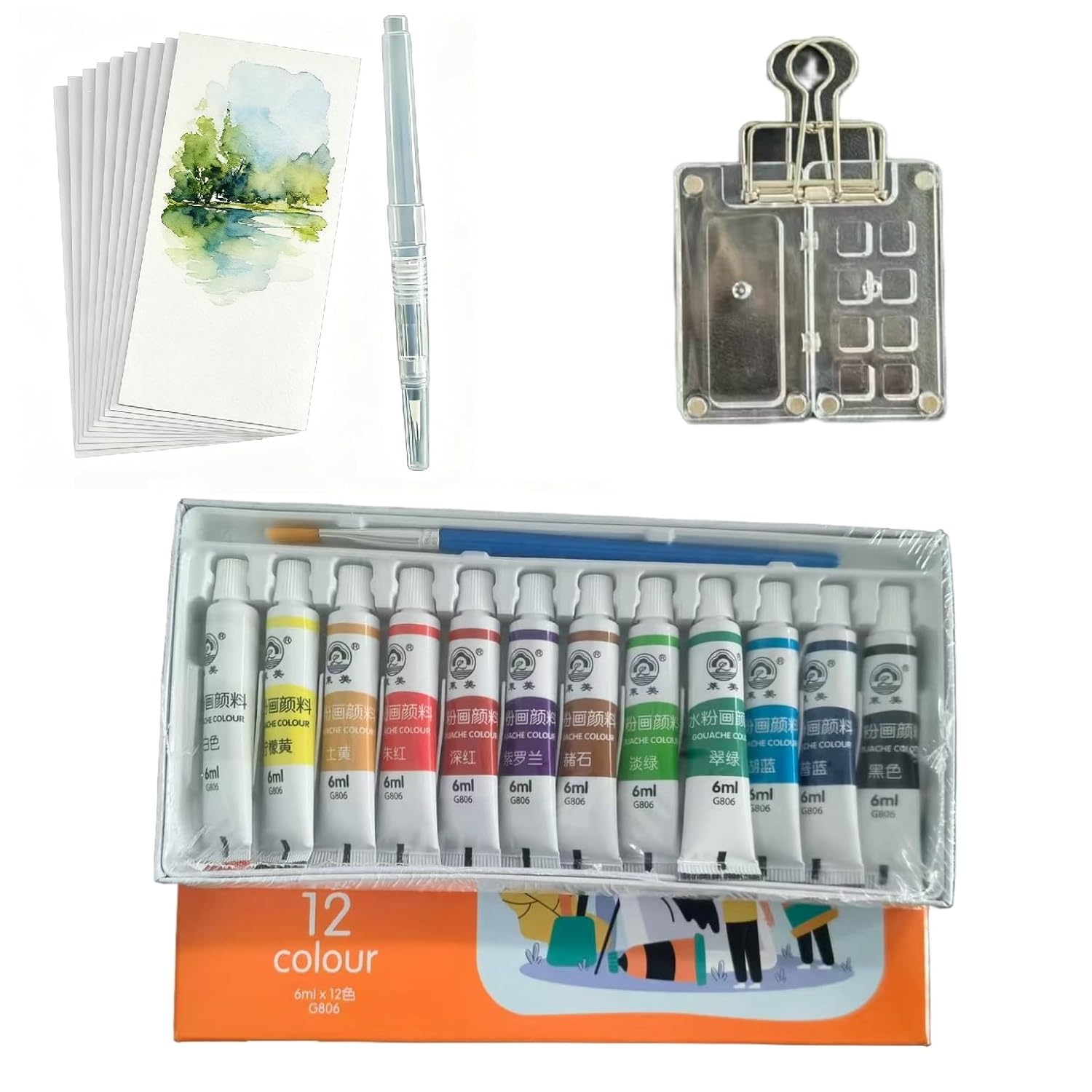 Mini Watercolor Paint Set Mini Watercolor Travel Set - Pocket Artist Wooden Palette With Sketchbook, Brush Pens & Clips, Portable Art Kit For Adults/Beginners (Acrylic 8Grids)