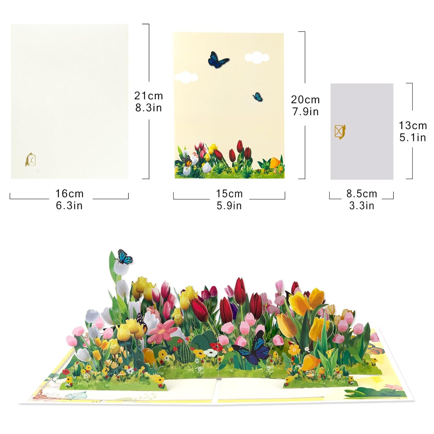 Row Of Tulips Pop Up Paper Flower Bouquet Greeting Cards With Blank Note & Envelope, Ideal Gift For Celebrating Love, Holiday, Birthday, Anniversary, Special Moments, New Home