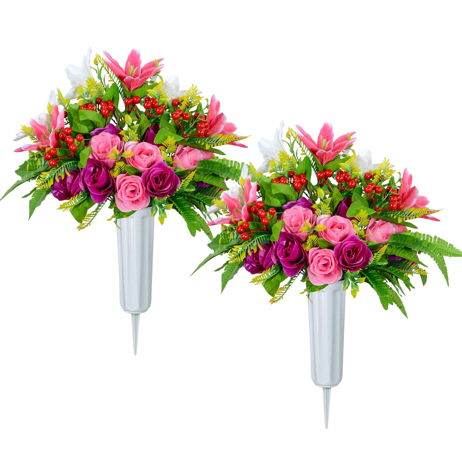 Artificial Cemetery Flowers With Vase, Set Of 2 Artificial Rose Lily Bouquet Graveyard Memorial Flowers For Cemetery Headstones Decoration