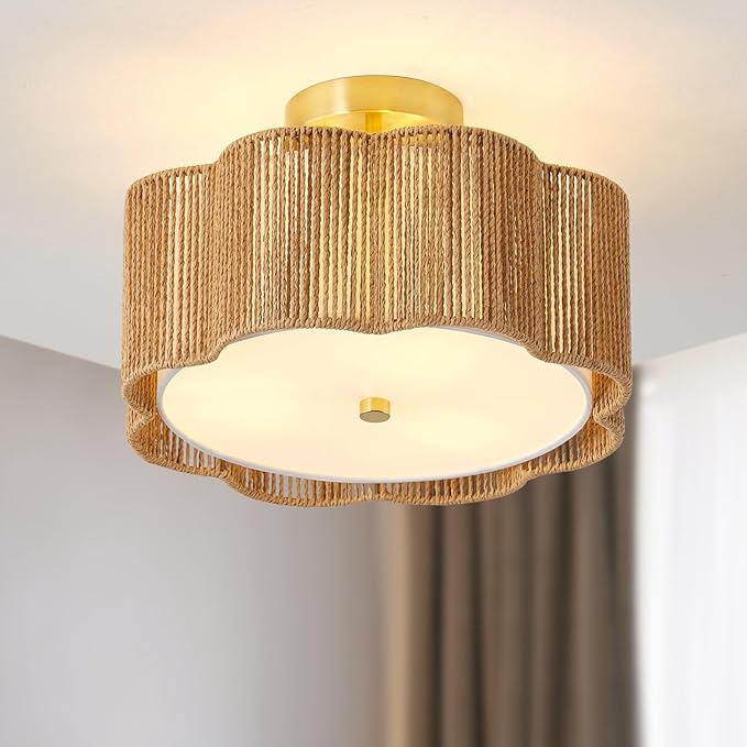 3 Light Boho Rattan Ceiling Light Flush Mount Modern Woven Chandelier Fixture