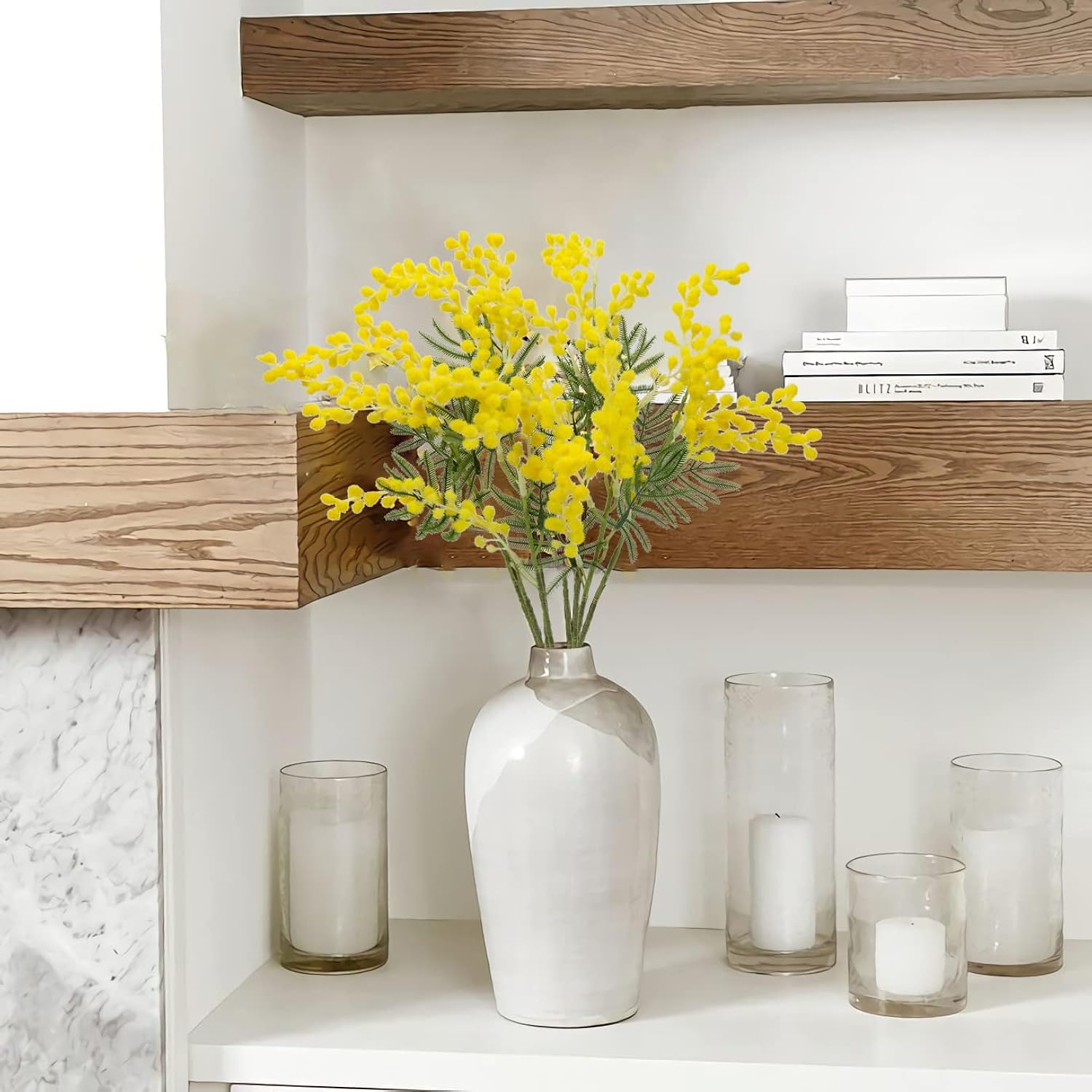 Artificial Yellow Flowers Acacia 22.8" Long Stem Mimosa Flowers 4Pcs Spring Flower Fake Easter Flower For Home Decor Mimosa Spray