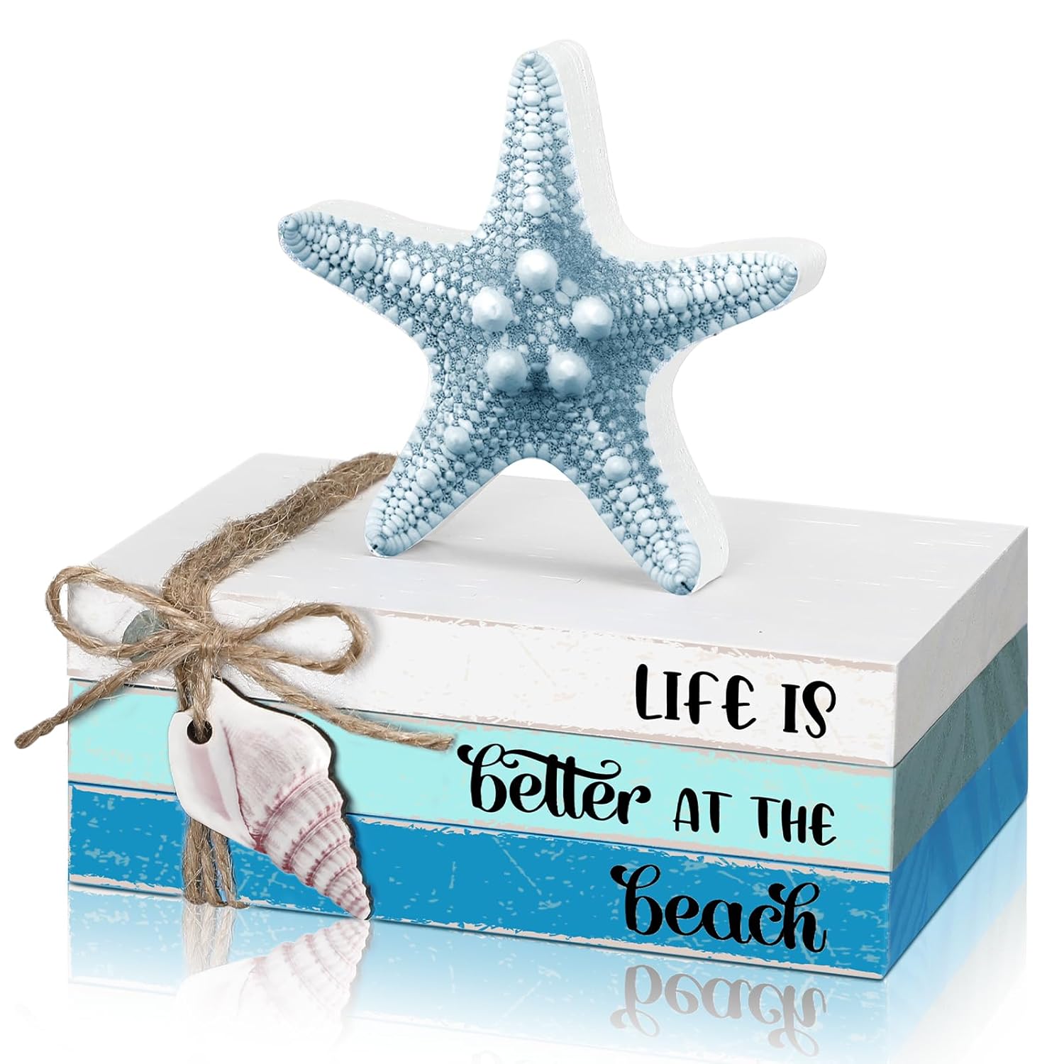 4 Pieces Summer Beach Tiered Tray Decor Starfish Wooden Book Stack Farmhouse Decor Summer Mini Faux Decorative Books Bundle Decorations For Home Table Centerpieces