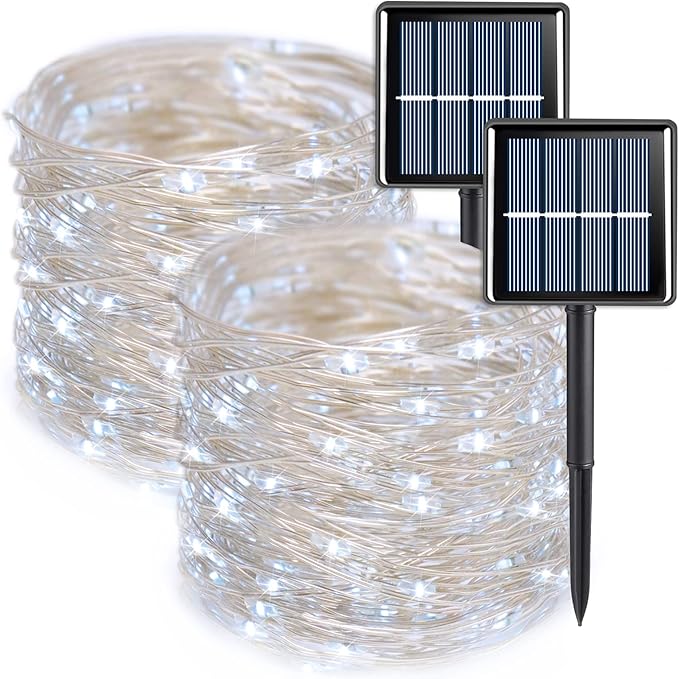 2 Pack Solar Fairy Lights Outdoor Waterproof 66FT 200 LED White String Lights with 8 Modes Silver Wire Twinkle Lights for Garden Patio Christmas Decor