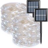 2 Pack Solar Fairy Lights Outdoor Waterproof 66FT 200 LED White String Lights with 8 Modes Silver Wire Twinkle Lights for Garden Patio Christmas Decor