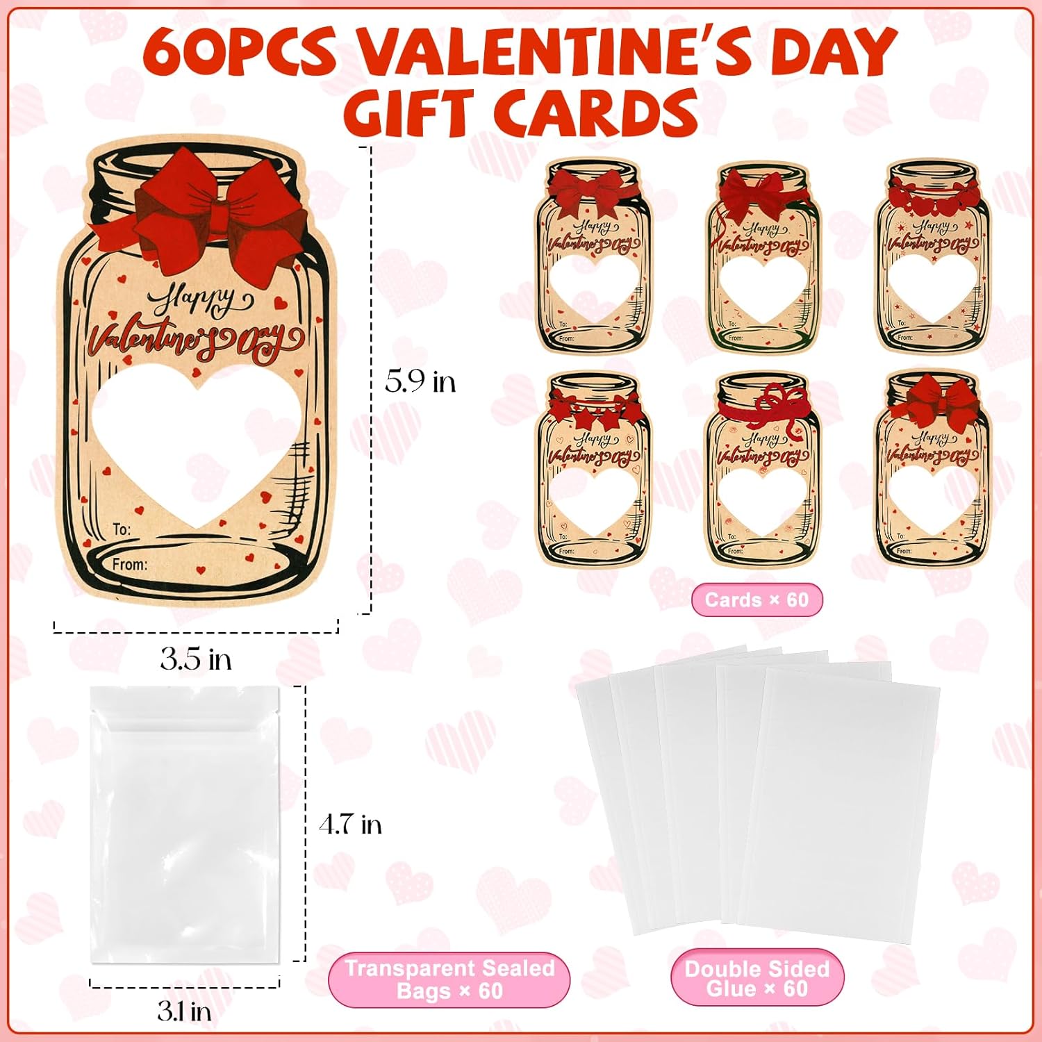 Valentines Day Cards For Kids - 60 Pack Mason Jar Candy Jar Valentines Cards With 6 Unique Designs, Valentine Exchange Cards For School Classroom Party Favors (Candy Not Included)