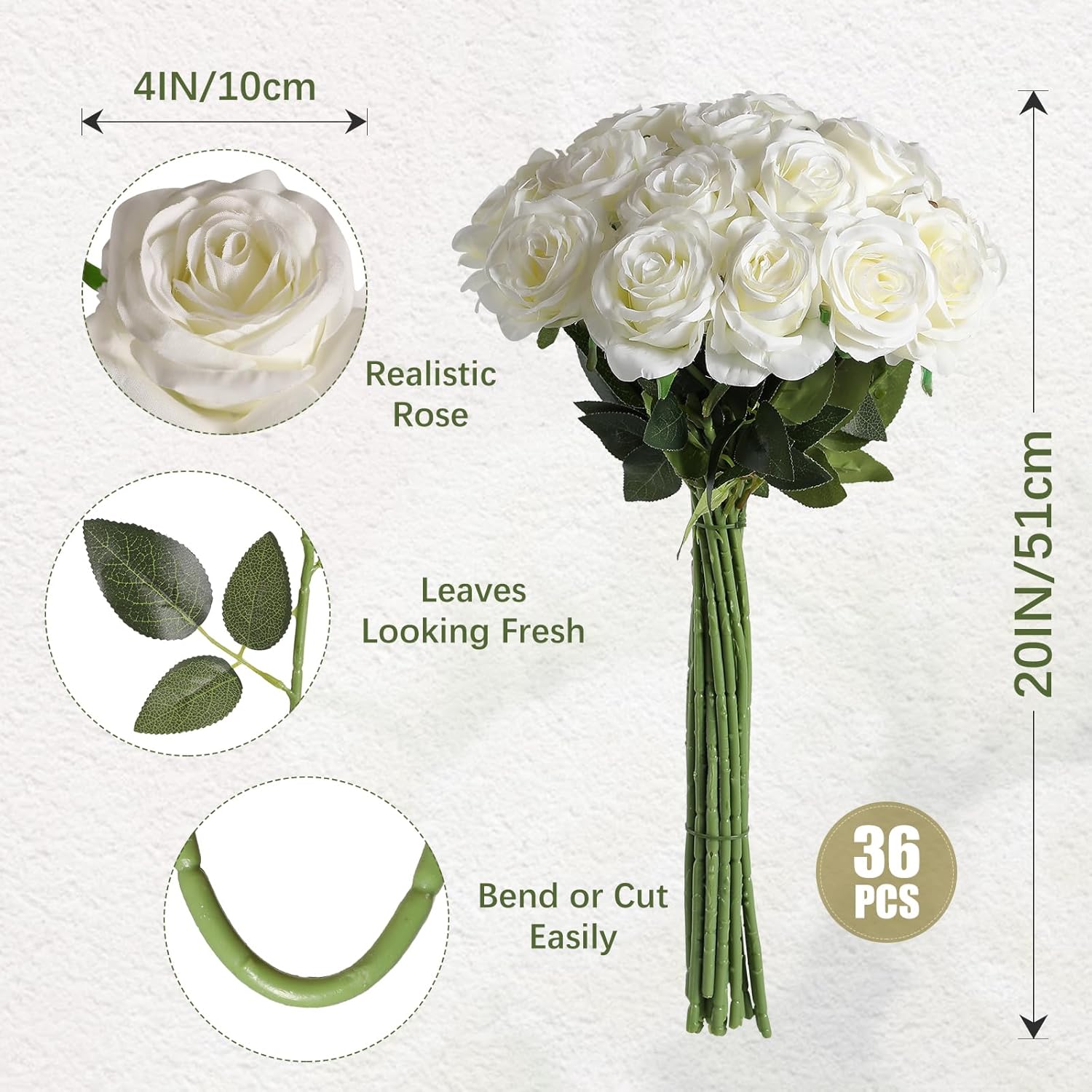 36Pcs Artificial Roses Realistic Fake Flowers Bulk Long Stem Silk Faux Roses Bouquet For Wedding Diy Home Decor Bridal Table Centerpieces Party Arrangements Gifts(White)