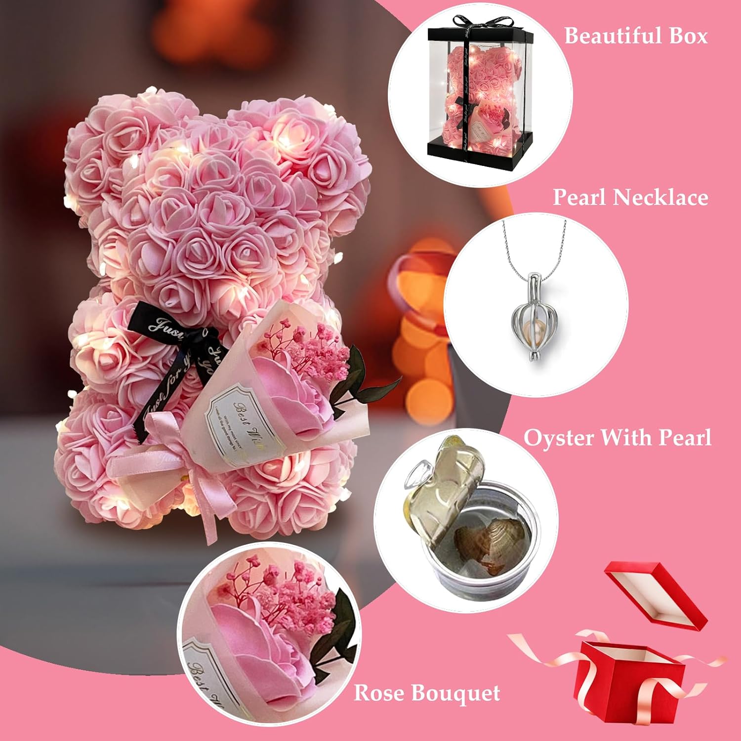 Romantic Valentine'S Day Gift For Her Artificial Flower Rose Teddy Bear With Preserved Flowers Bouquet And Blind Box Pearl Necklace Birthday Gift For Wife Girlfriend Mom Women Mothers Day Home Decor