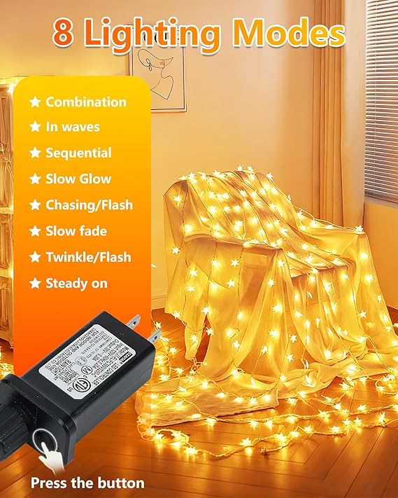 100 LED Star String Lights 33FT Plug In Warm White Waterproof Fairy Lights for Bedroom Indoor Outdoor Wedding Party Christmas Tree New Year Ramadan Decor