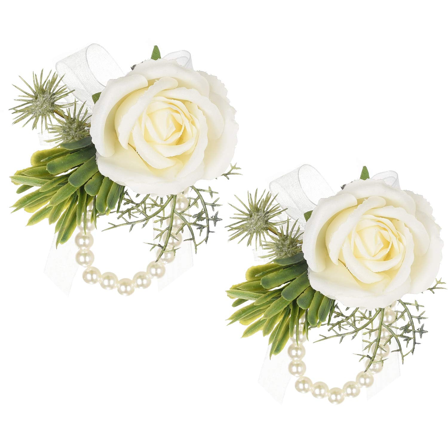 2Pcs Rose Wristband, Girl Bridesmaid Wedding Wrist Corsage Party Prom Hand Flower Decor (2Pc Rose Rose Wrist)