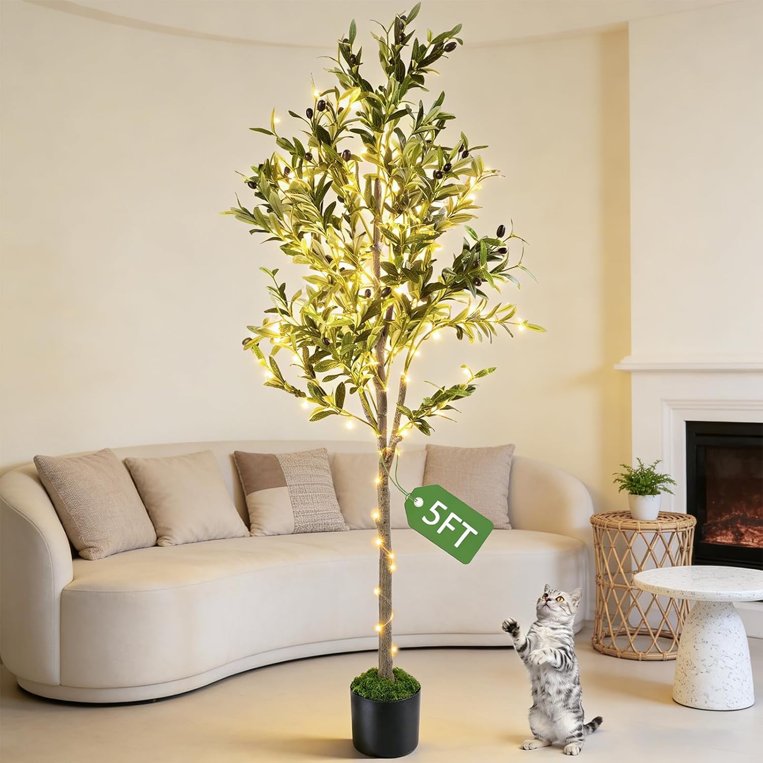 Artificial Olive Trees, 5Ft Tall Faux Olive Tree With Lights Moss And Planter, Artificial Plants Indoor With Natural Wood Trunk And Lifelike Fruits Fake Plant For Home Office Living Room Decor