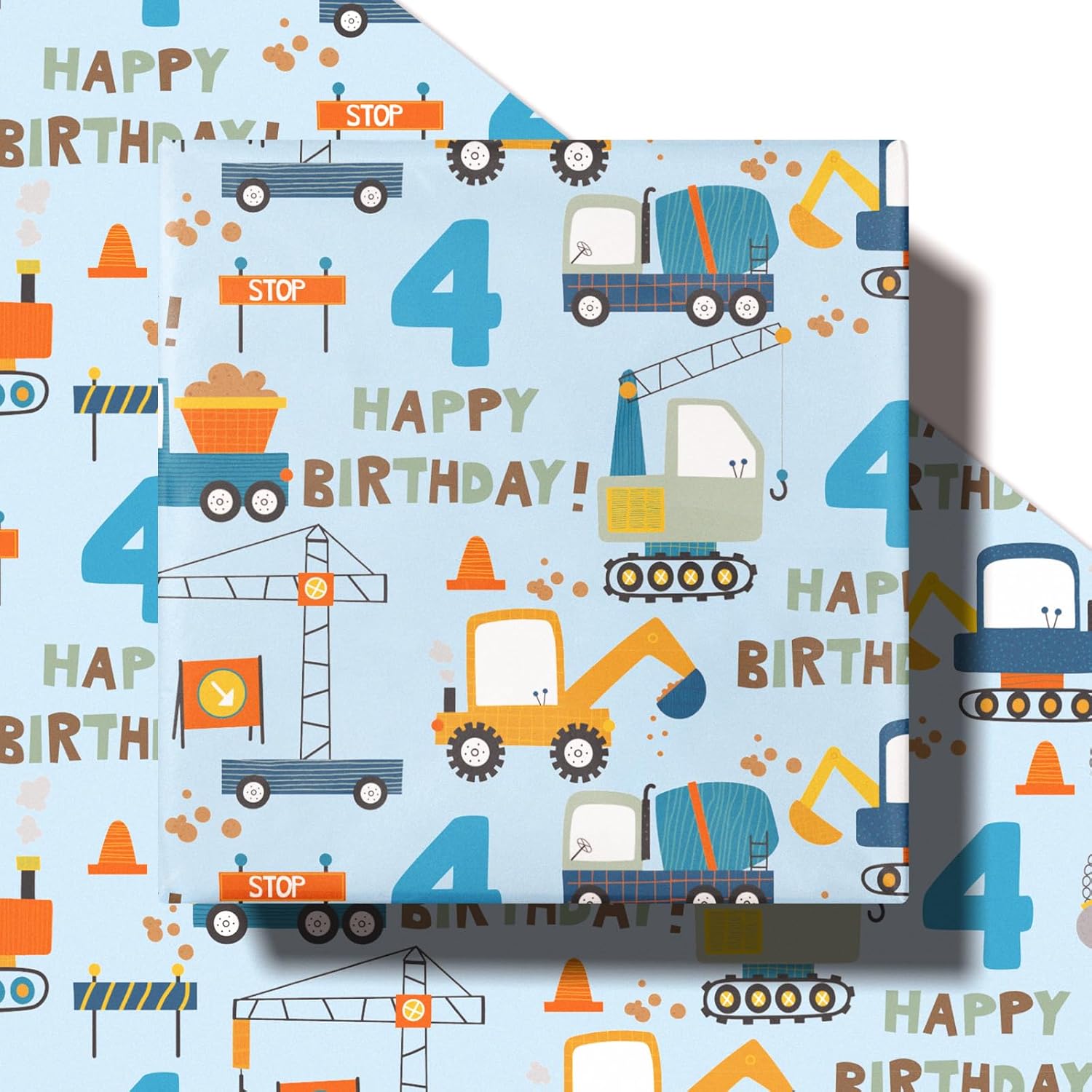 4Th Birthday Wrapping Paper For Boy - Mini Roll - Blue Cartoon Cars Trucks And Happy Birthday Text Pattern For Boys' Or Kids' Birthday Party And More - 17 Inches X 16.4 Feet - 4 Years Old