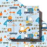 4Th Birthday Wrapping Paper For Boy - Mini Roll - Blue Cartoon Cars Trucks And Happy Birthday Text Pattern For Boys' Or Kids' Birthday Party And More - 17 Inches X 16.4 Feet - 4 Years Old