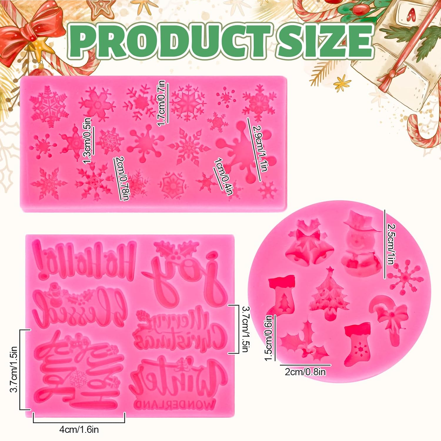3Pcs Merry Christmas Fondant Mold Pink Assorted Snowflake Silicone Mold Blessed Words Joy Holly Jolly Chocolate Candy Mould For Xmas Winter Party Cupcake Sugar Craft Gum Resin Clay
