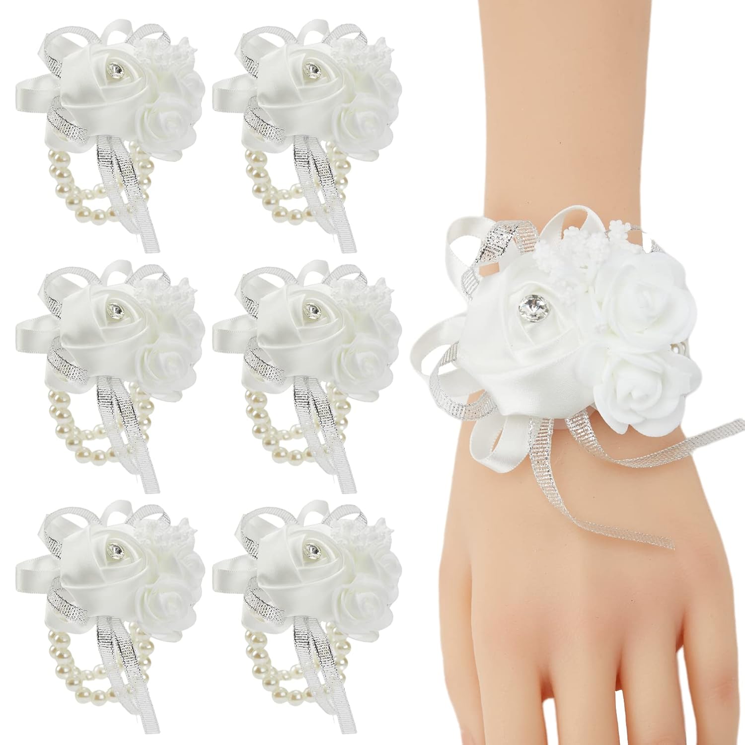 White Wrist Corsages For Prom, Set Of 6, Rose Wedding Wrist Corsage For Bridal Bridesmaid Girl Women, Fake Wrist Flower For Mother Of Bride, Artificial Hand Flower For Homecoming Anniversary