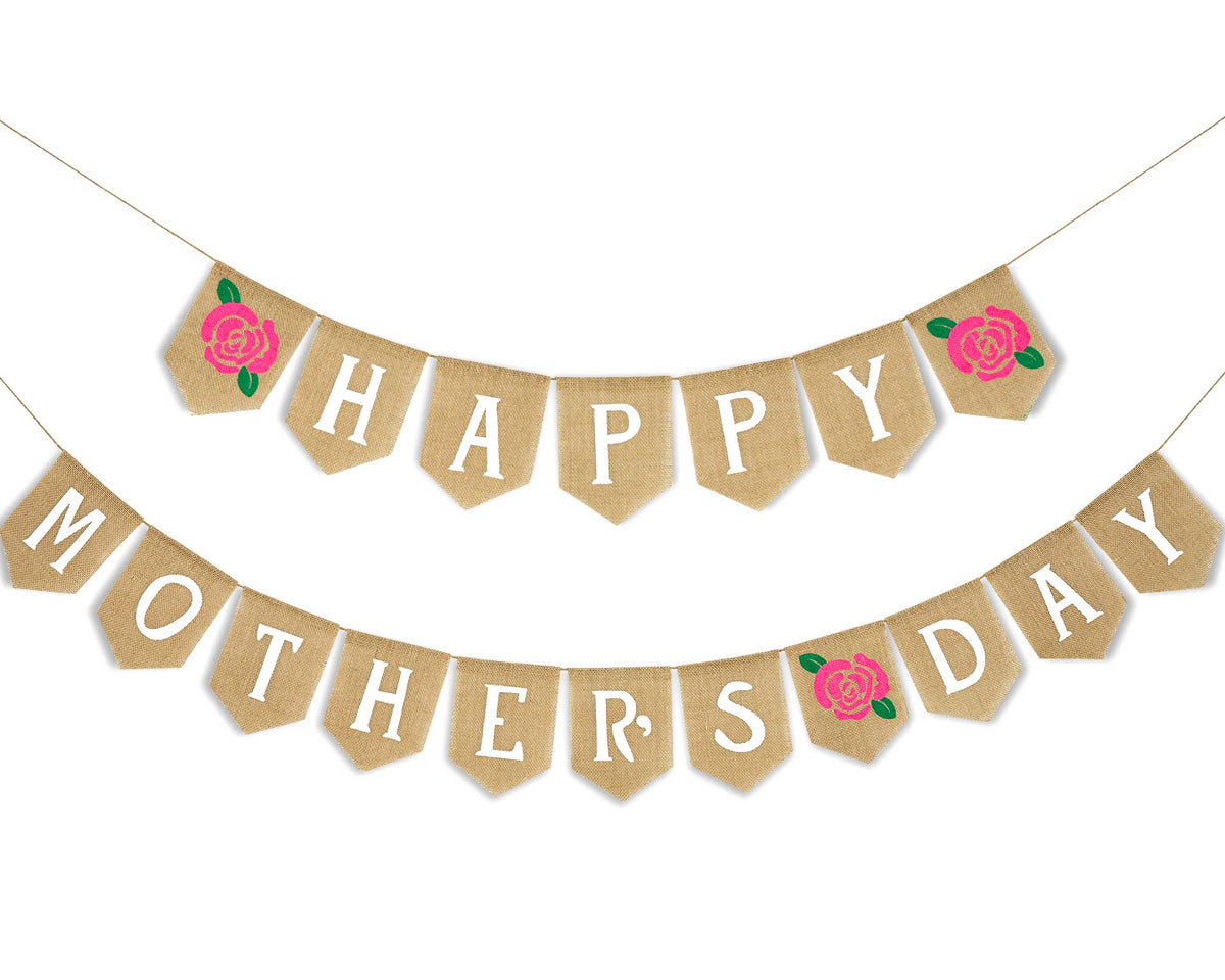 Happy Mother's Day Banner Rose Mothers Day Burlap Hanging Banner Garland Rustic Party Decoration for Mom Mommy Birthday Indoor Outdoor Mantel Fireplace Decor Supplies