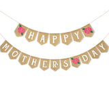 Happy Mother's Day Banner Rose Mothers Day Burlap Hanging Banner Garland Rustic Party Decoration for Mom Mommy Birthday Indoor Outdoor Mantel Fireplace Decor Supplies