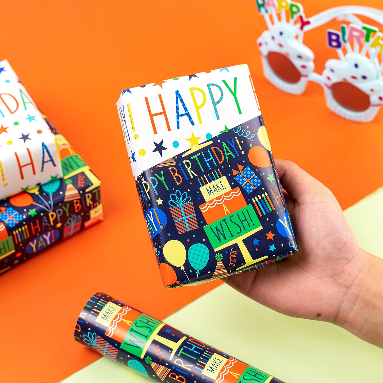 Reversible Birthday Wrapping Paper Mini Roll - 17In X 32.8Feet - Colorful Happy Birthday Lettering,Cake,Candle Pattern Kid Boys Party Gift Wrap Present Paper For Baby Shower, Holiday