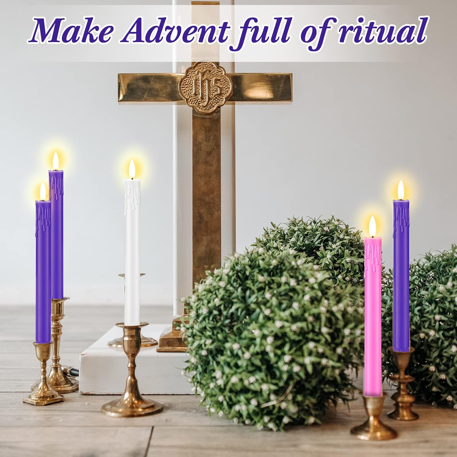 5 Piece Flameless Advent Candle Led Taper Candles For Christmas Advent Rituals Holidays, Church, Celebration, Home Decor(Drop Wax Style)