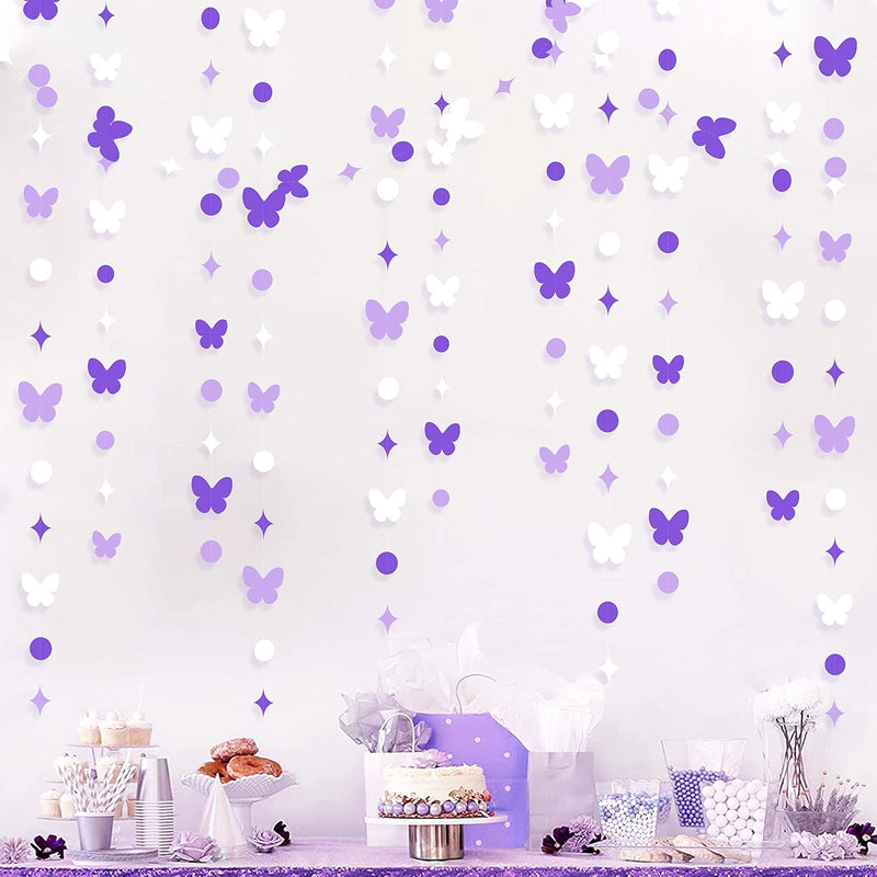 40Ft Lavender Butterfly Garland Purple White Hanging Circle Polka Dot