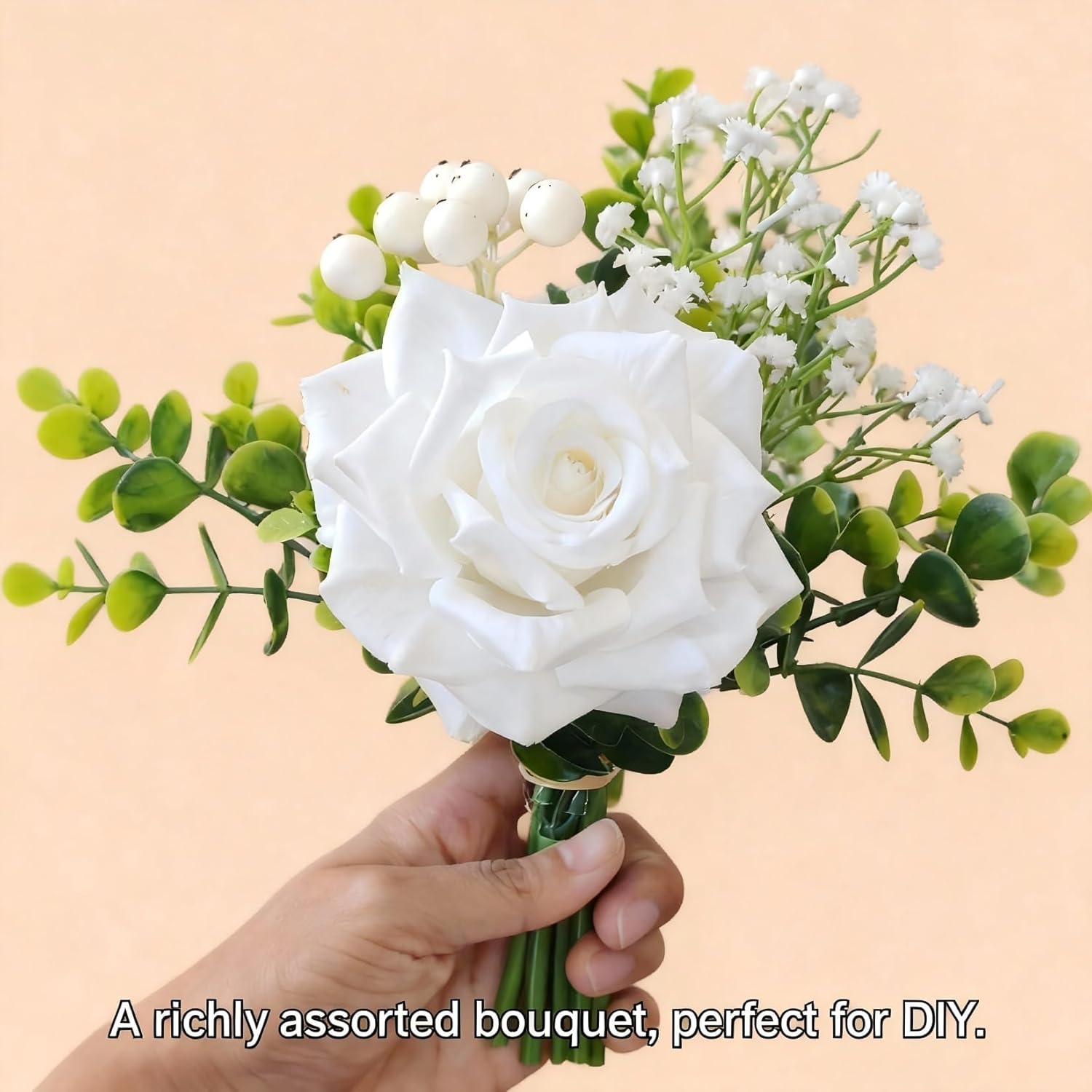 6 Pcs Artificial Flowers In Vase, Lifelike Fake Rose Eucalyptus Leaves & Baby Breath, Faux Flower Arrangements For Wedding Bride Bouquets Home Kitchen Table Decorations, White