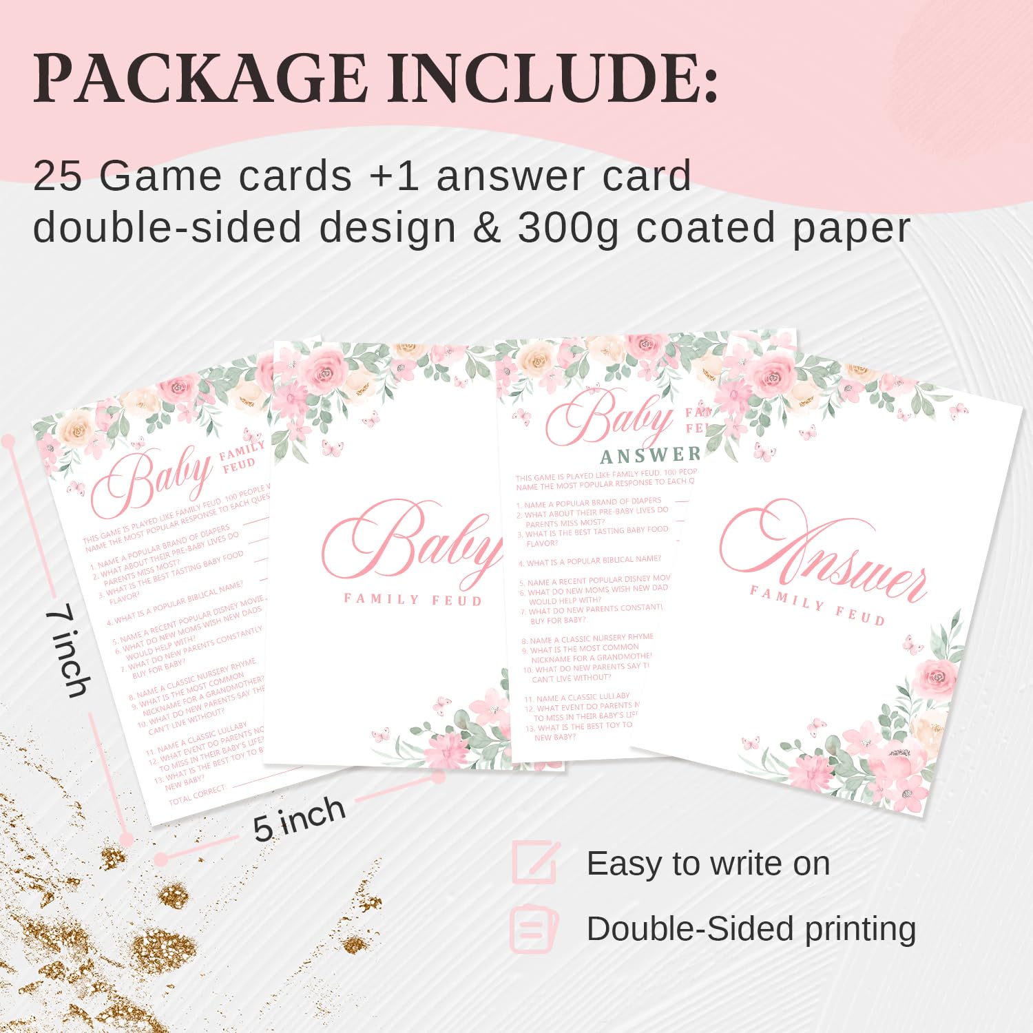 Baby Shower Games For Girl, Pink Floral Baby In Bloom Theme, 25 Family Feud Gender Reveal Game Cards & 1 Answer Card, Fun Party Activity & Favor For Guests-C06