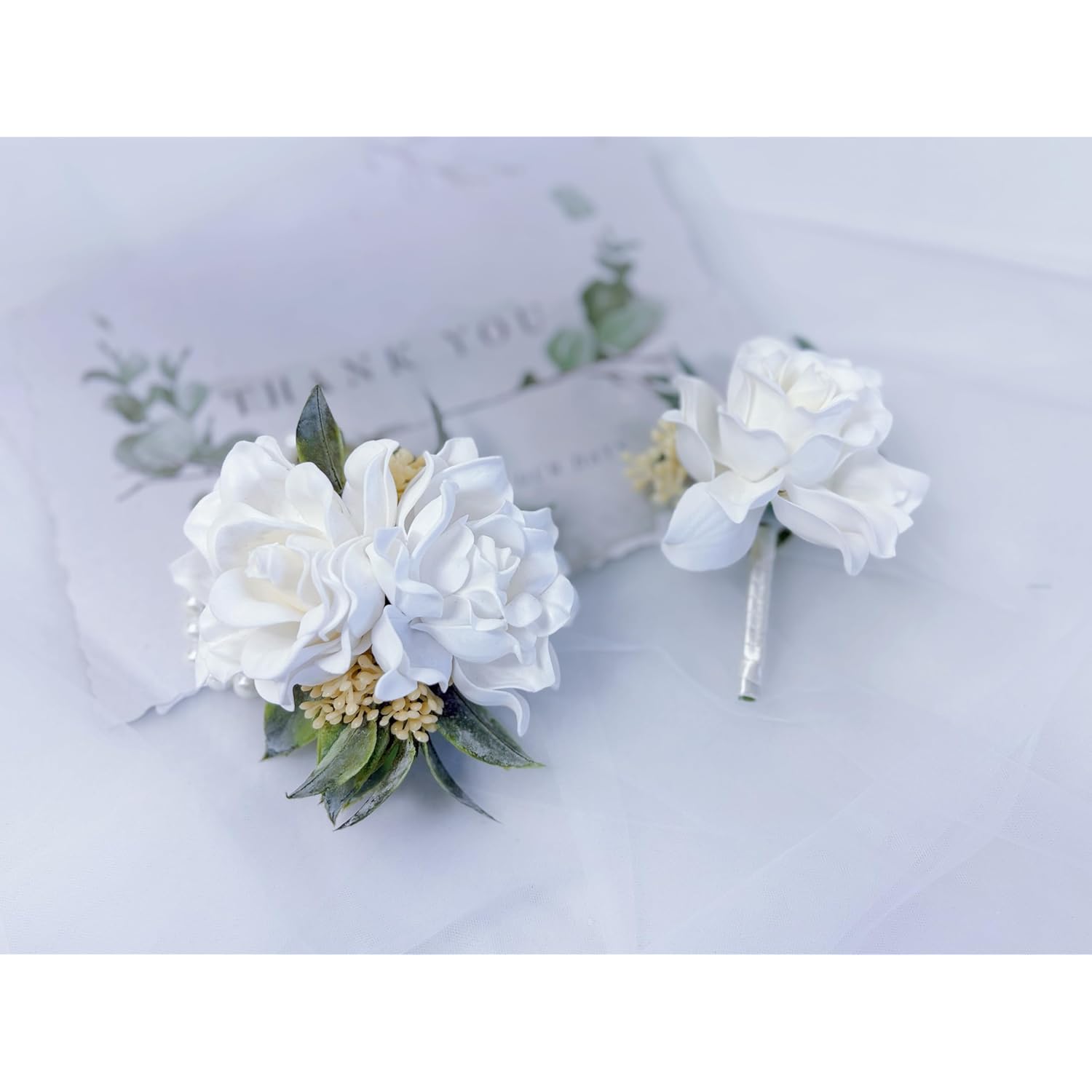 Ting & Cecilly White Corsage And Boutonniere Set For Wedding Flower Accessories Prom Suit Decorations (White)