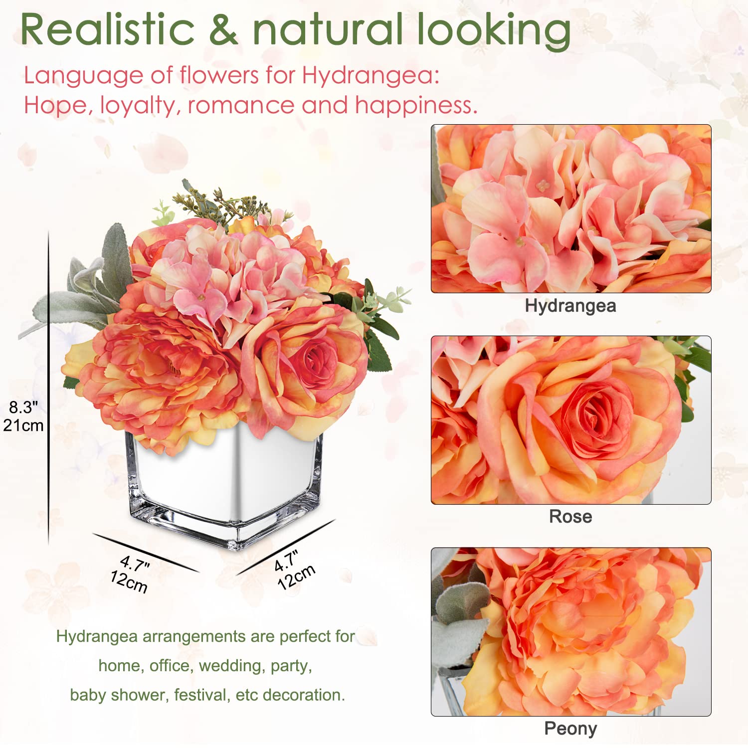 Artificial Flowers In Vase Fake Silk Hydrangea Rose Flower Arrangement Faux Potted Flowers For Indoor Home Bathroom Office Table Shelf Decor, Orange