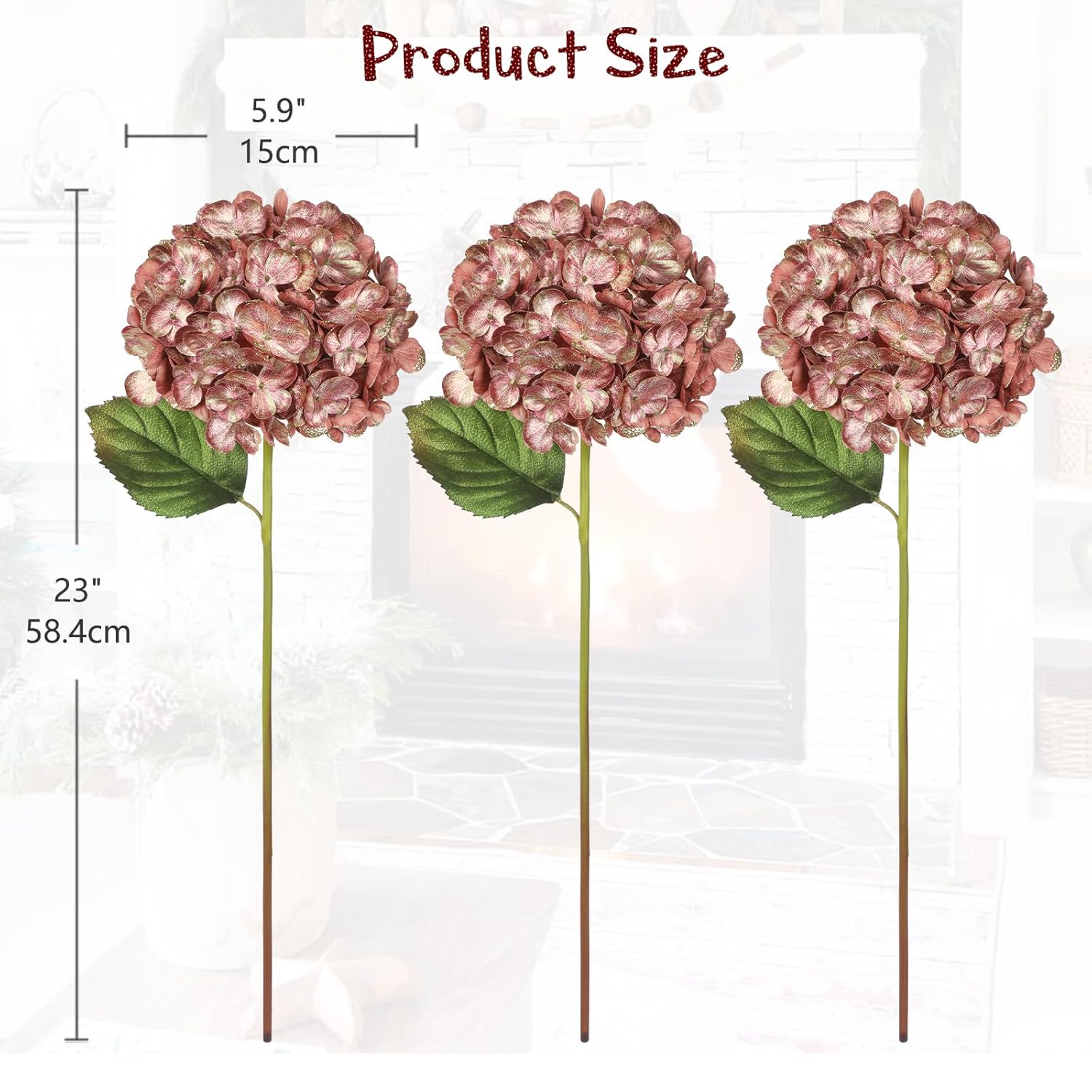 3Pcs Christmas Flowers Artificial Hydrangea Flowers With Stems 23Inch Glitter Fake Hydrangea Flower Pink Floral Arrangements Bouquets Xmas Faux Hydrangea Wedding Christmas Tree Home Decor