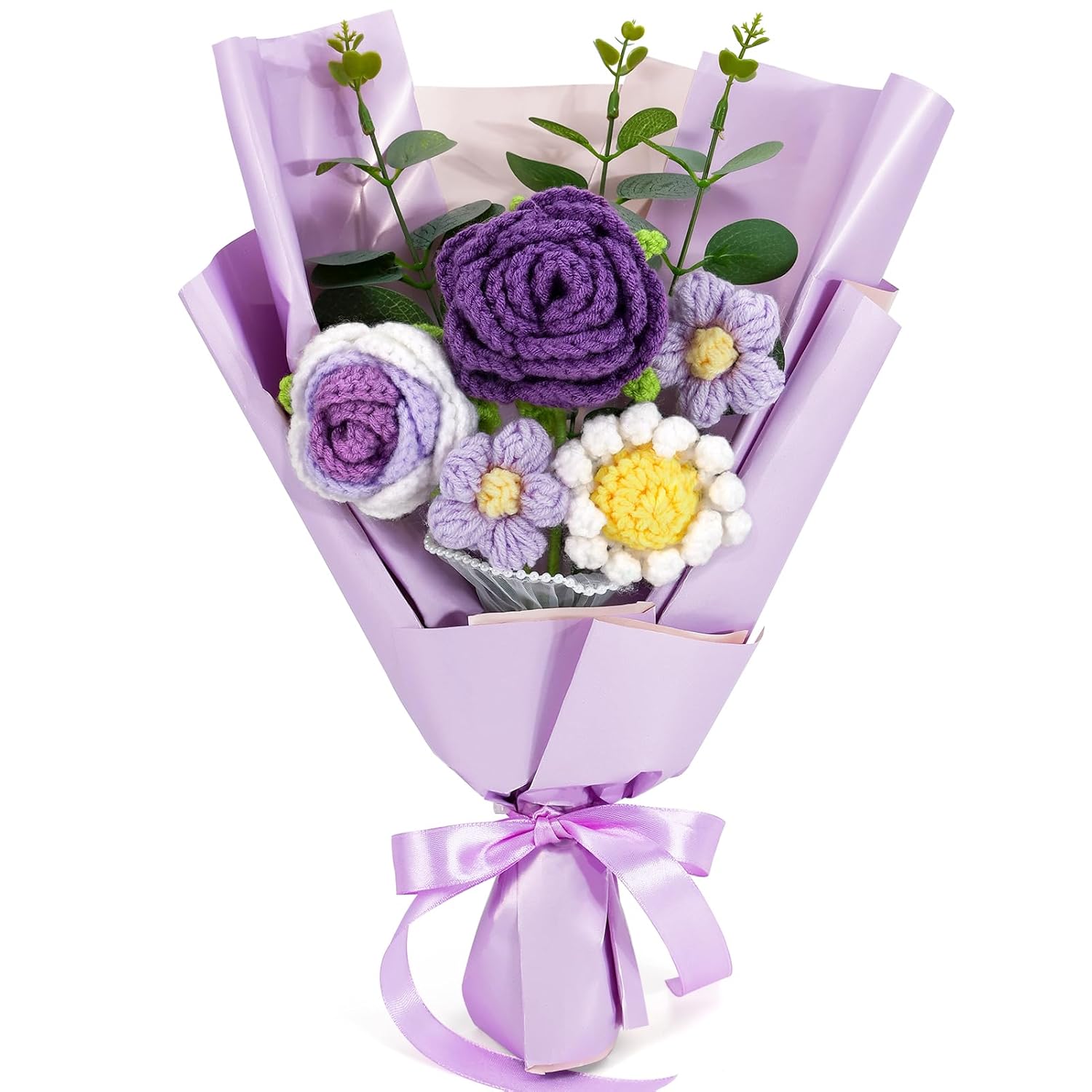 Crochet Flowers Bouquet, Knitted Rose Daisy Bouquet With Exquisite Purple Wrap Eternal Blessing For Mom Gift, Christmas Valentine'S Day Birthday Wedding For Her