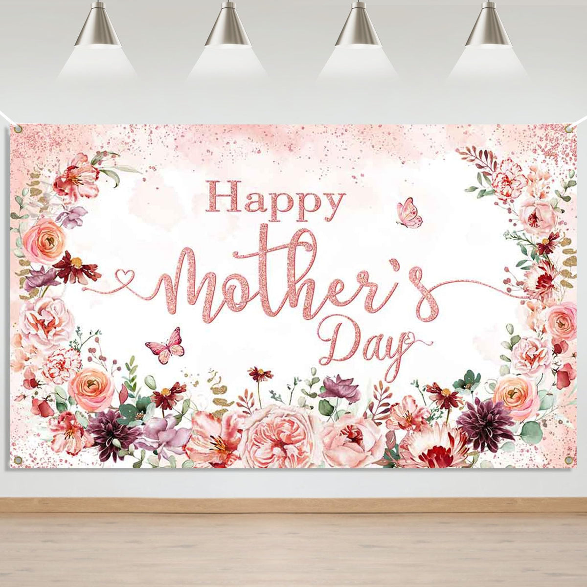 Happy Mothers Day Banner Backdrop Pink Mother's Day Decorations Banner Floral Thank You Mom Mothers Day Background Photo Booth Props(6x3.6ft)