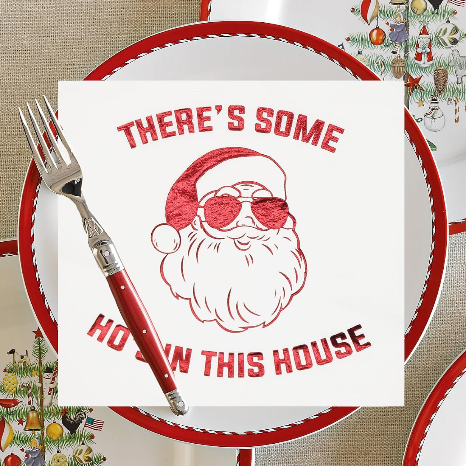 There’S Some Hos In This House Napkins, Funny Christmas Party Decorations, Christmas Xmas Holiday Party Decorations, Christmas Friendsmas Birthday Party Supplies(5 X 5 In, Red Foil, 50-Pack)