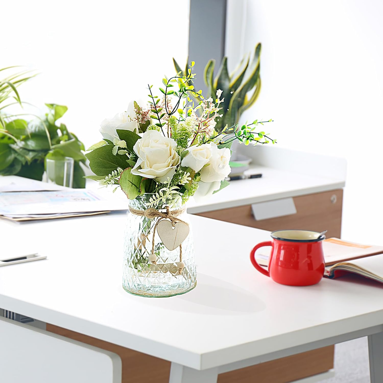 Artificial Flowers With Vase, Faux Silk Roses In Vase, Fake Plant Eucalyptus Flower Arrangement For Office Home Farmhouse Bathroom Dining Table Centerpiece Decorations Coffee Table Decor