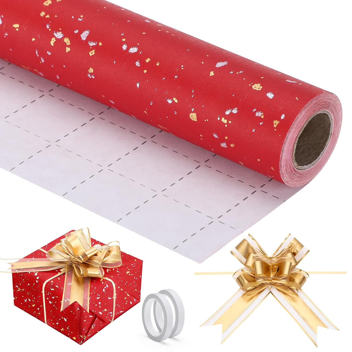 Red Wrapping Paper, 1 Roll 17 In X 32.8Ft Red Gift Wrap With 10Pcs Gold Pull Bows, Engagement Gifts Wrapping Paper Crafts Diy Bouquet Packaging For Wedding Birthday Holiday Bridal Party