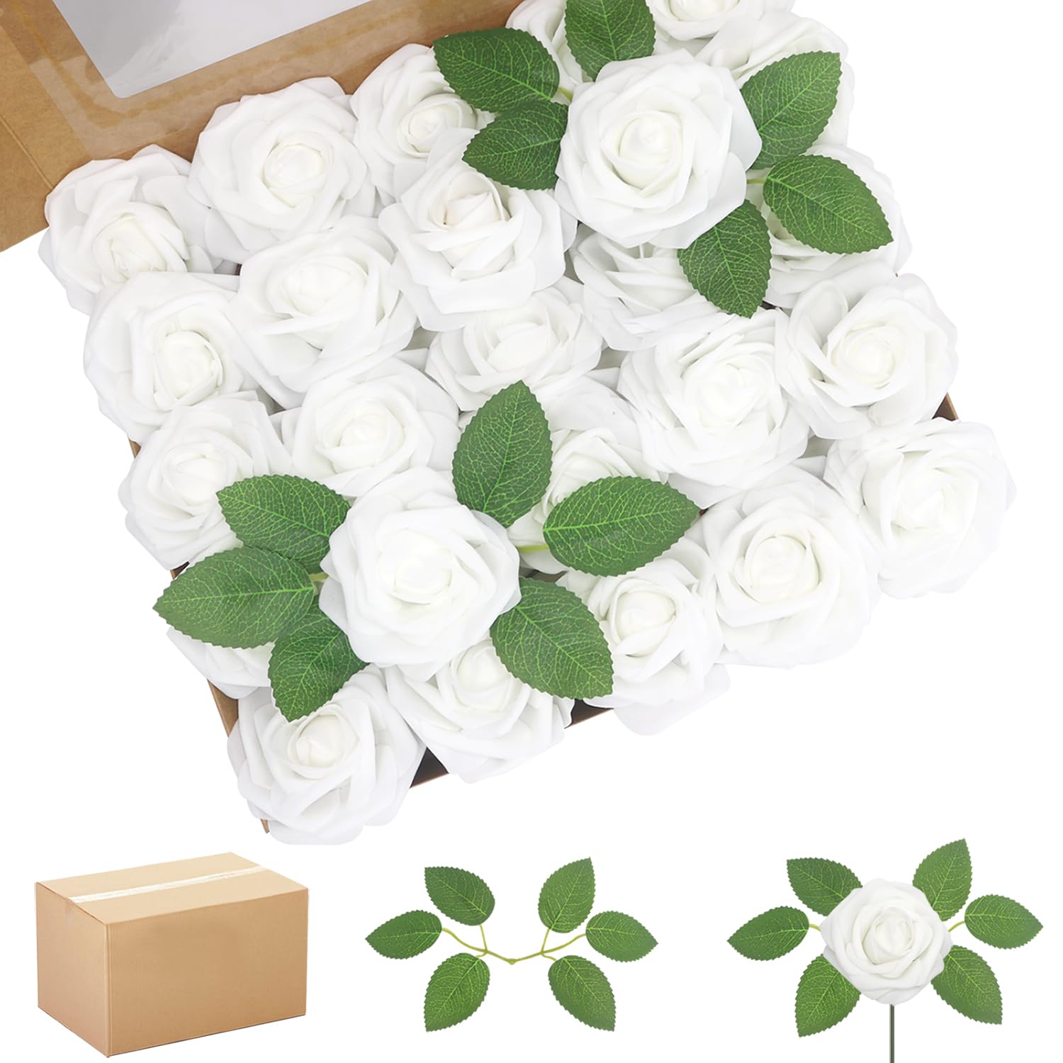 200Pcs Artificial Flowers White Roses Real Looking Foam Fake Roses With Leaves And For Diy Wedding Bouquets Bridal Shower Centerpieces Party Decorations (White, 200)