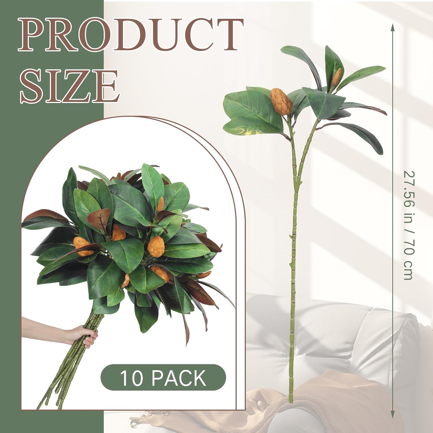 10 Pcs Magnolia Artificial Branches 32 Inch 3D Magnolia Pick Faux Stems With Leaves And Fruit Greenery Houseplant For Indoor Outdoor Vase Filling Home Wedding Table Decor