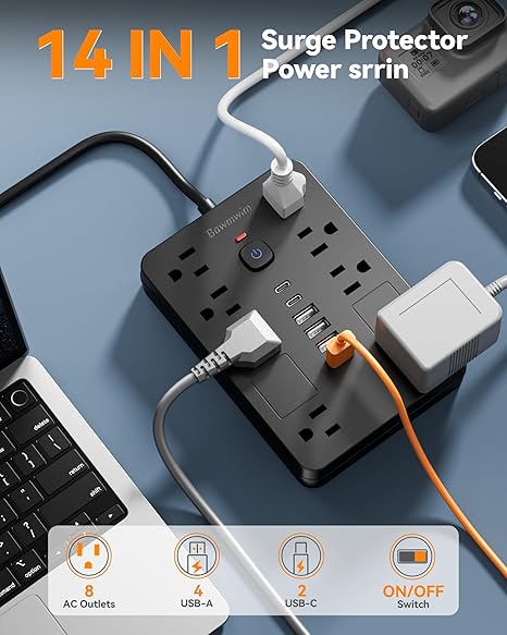 Surge Protector Power Strip 8 Outlets 6 USB Ports 2 USB C 6FT Flat Plug Extension Cord 1800J Black