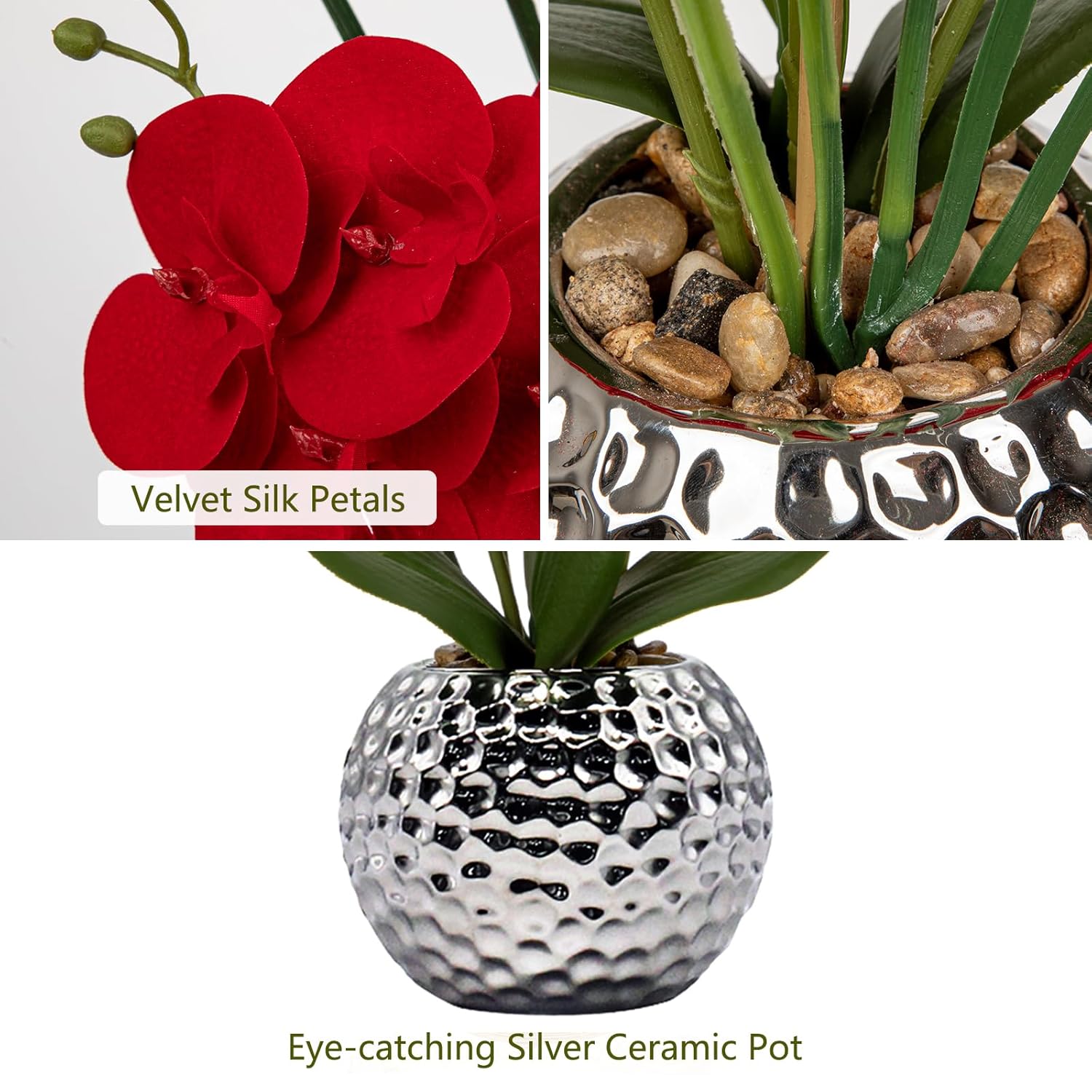 Orchid Artificial Flowers 20'' Red Faux Orchid Flowers With Silver Vase Fake Phalaenopsis Silk Flowers For Home Office Dinning Room Kitchen Table Centerpiece Decor