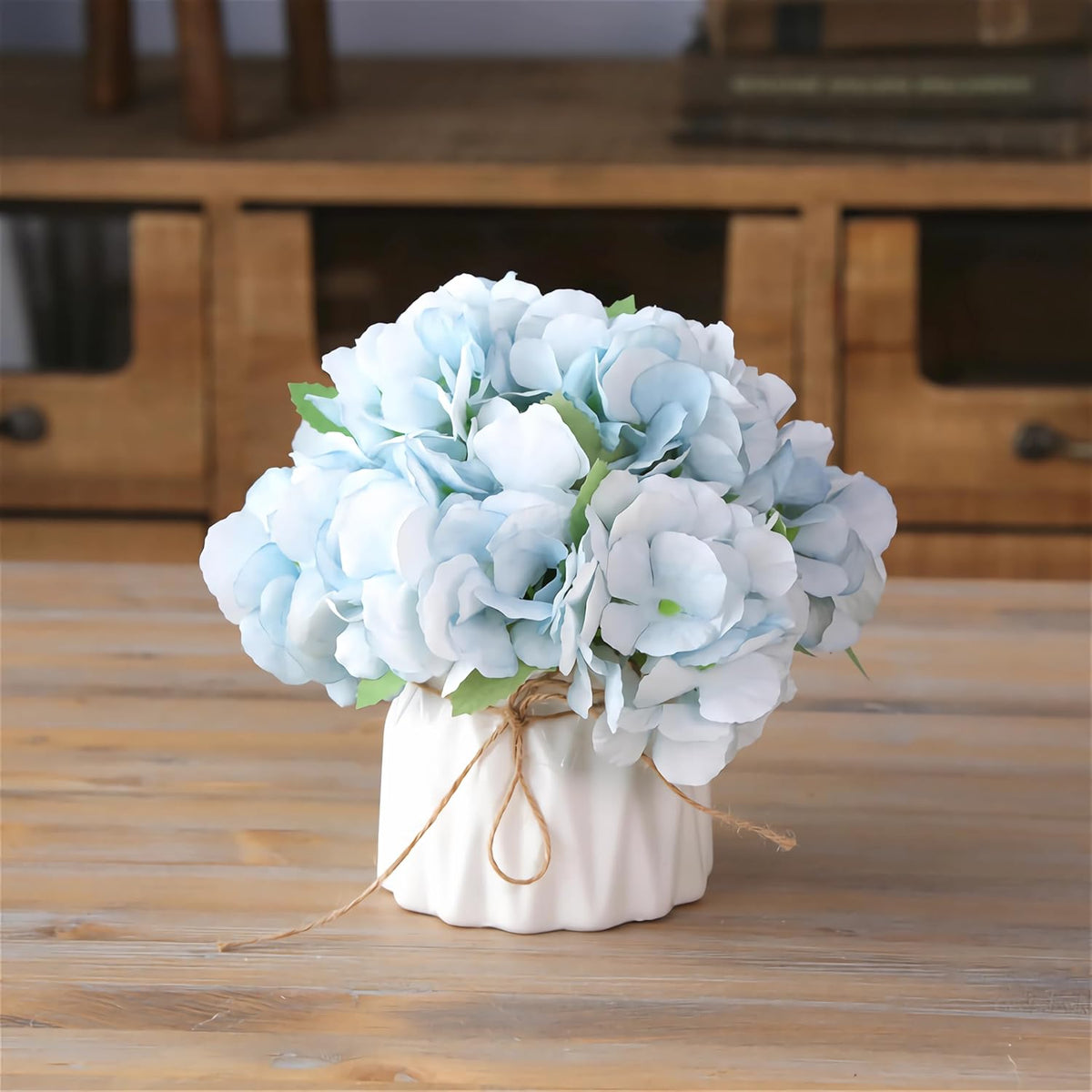 Fake Flowers In Vase, Small Artificial Silk Flowers With Ceramic Vase, Faux Flower Arrangement For Home Office, Coffee Dining Table Centerpiece Decor (Spring Hydrangea,Blue)