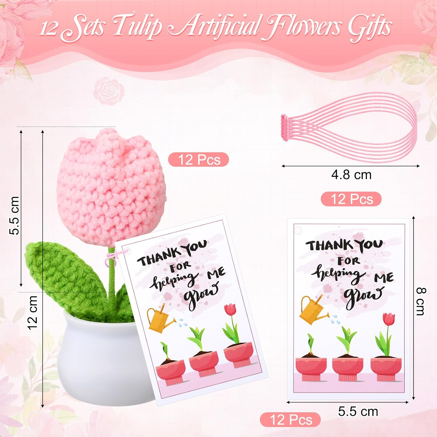 12 Sets Teacher Gifts Crochet Flowers With Thank You For Helping Me Grow Cards Appreciation Gifts For Teachers Coworkers Mentors Bosses Desk Decor(Tulip)