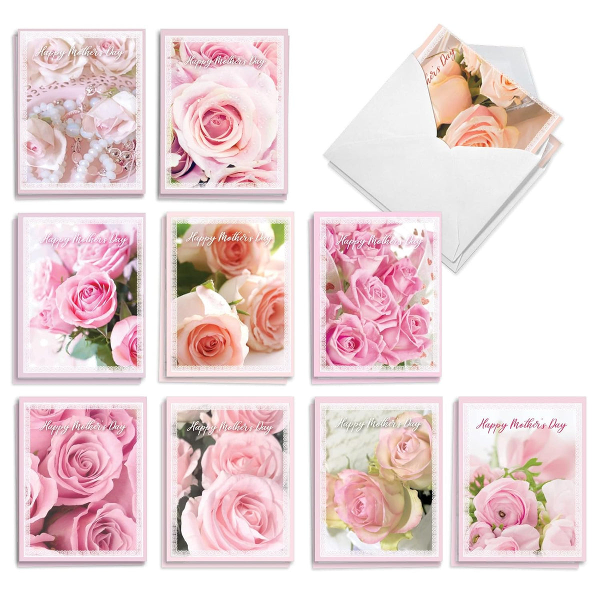 20 Assorted Floral Blank Mother'S Day Notes Box Set 4 X 5.12 Inch With Envelopes (10 Designs, 2 Each) Romantic Sweet Pink Roses Am10311Mdb-B2X10