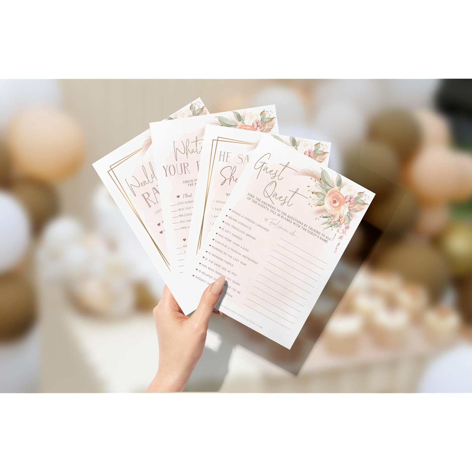 Boho Bridal Shower Bachelorette Games - Floral Neutral Theme - He Said She Said, Find The Guest, Would She Rather, What'S In Your Phone - 25 Games Each, 1 Game Per Side