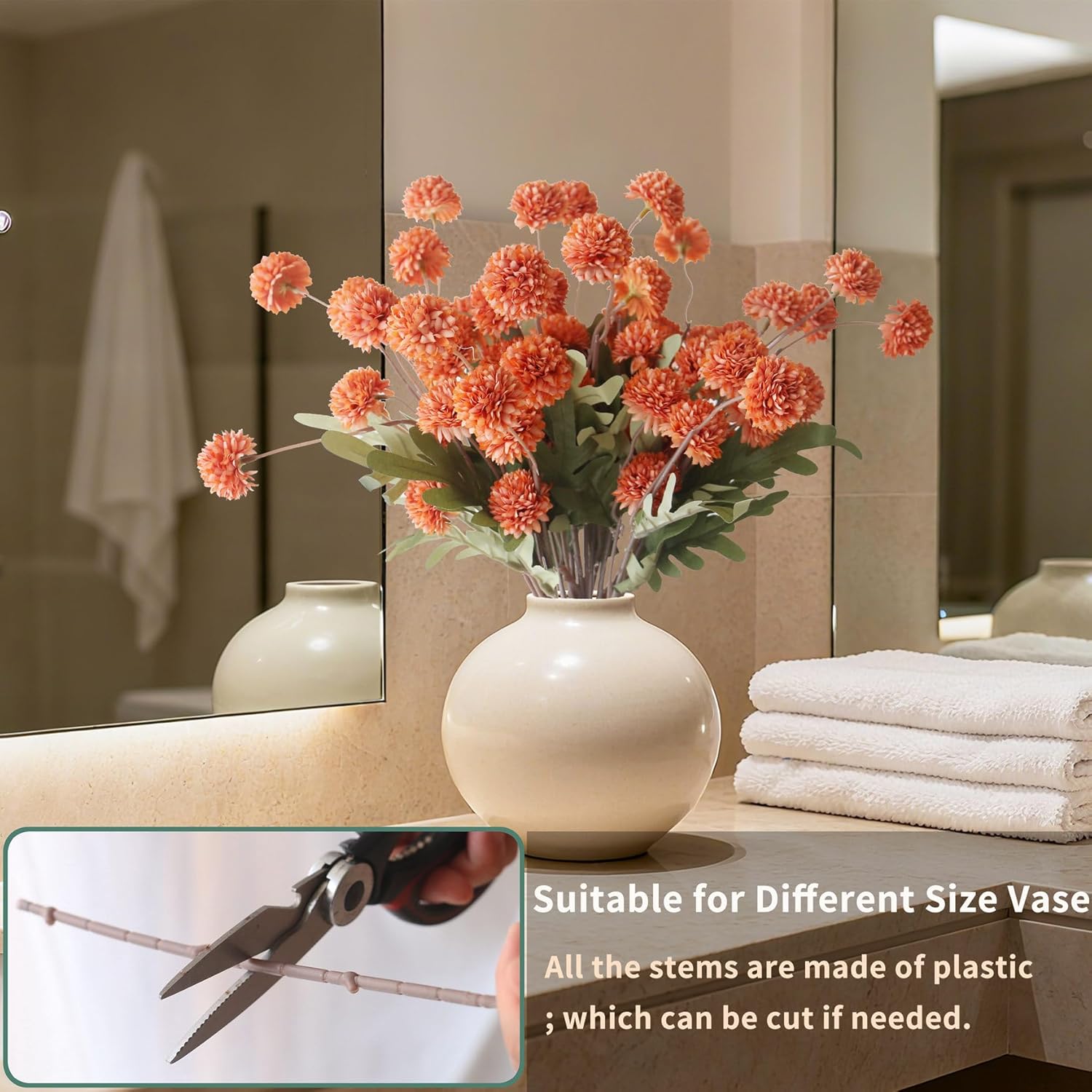 Artificial Flowers Indoor For Vase, 12Pcs Fake Silk Mums Long Stem Flowers, Look Real Mini Chrysanthemum Floral Arrangements For Home Decorations (Creamy Orange)