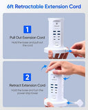 Tower Power Strip with 9 Outlets 8 USB Ports 15W Wireless Charger 6FT Retractable Extension Cord