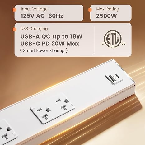 Under Cabinet Hardwired Power Strip 2 Pack 20A Outlets USB A USB C 16 Inch ETL Listed