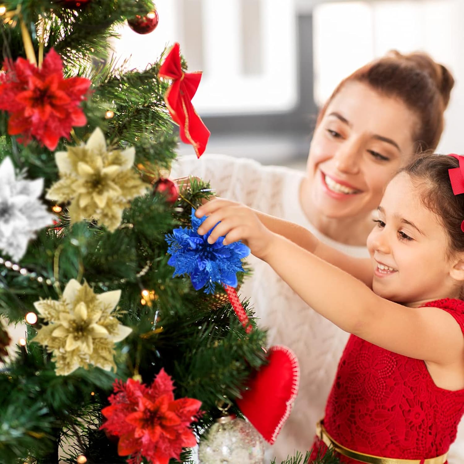 Christmas Poinsettia Artificial Flowers Decorations 5.5" Christmas Tree Wreaths Garland Decoration 12 Pcs Glitter Flowers Picks Decor For Xmas New Year Wedding Party Ornaments (White)