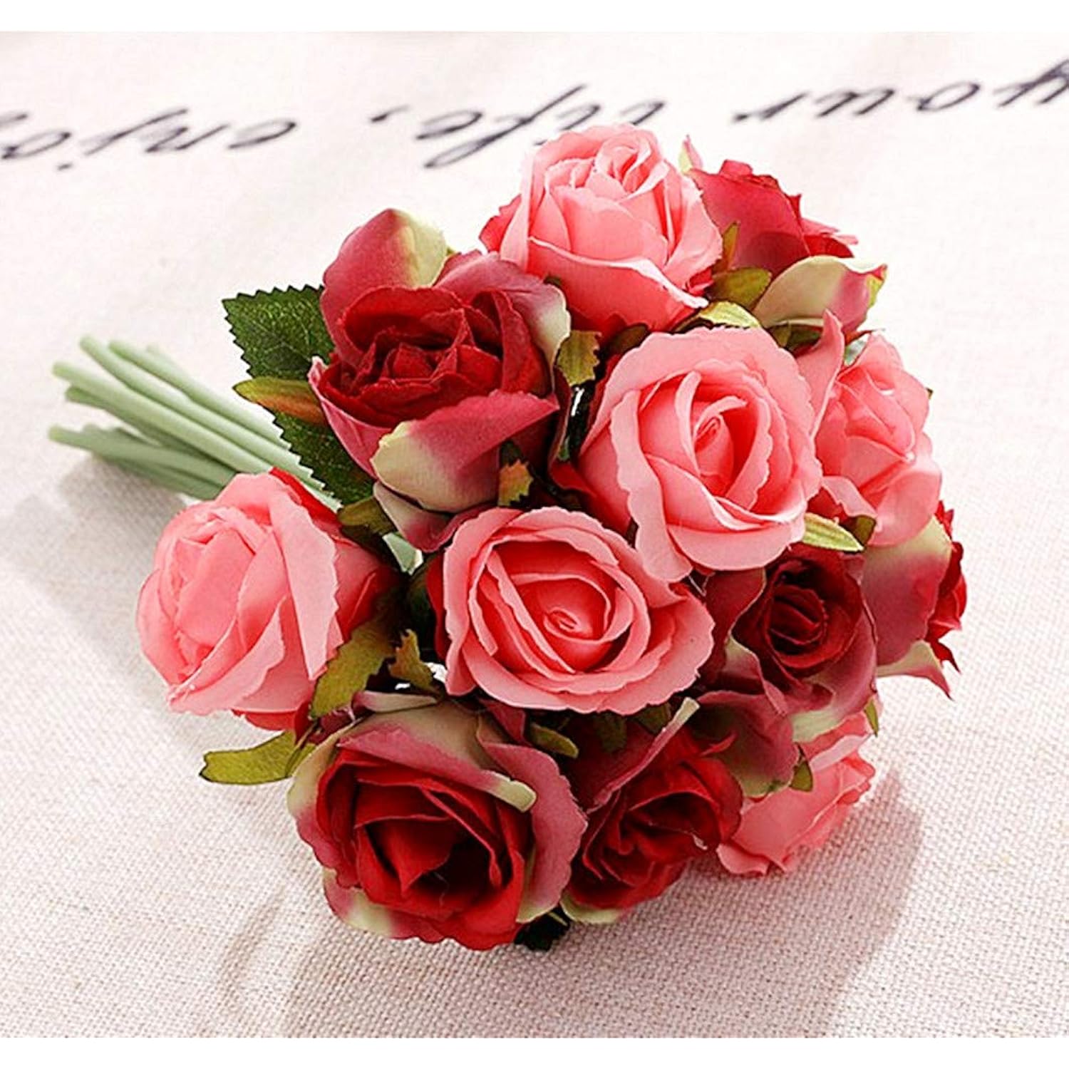Artificial Roses Flowers 12 Heads Arrangement Silk Bouquet For Home Office Parties Bridal And Wedding Decoration (Red With Pink)