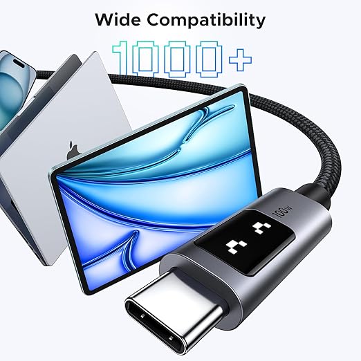 100W USB C to USB C Fast Charging Cable 6.6FT with LED Display for iPhone 17 16 MacBook Galaxy