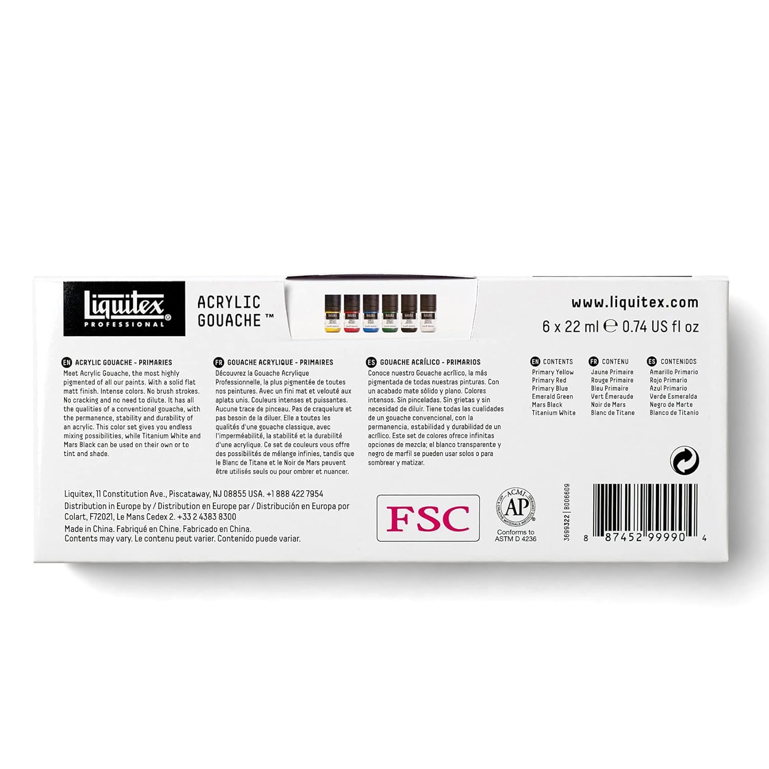 Liquitex Professional Acrylic Gouache Paint, 6 x 22ml (0.74-oz), Primaries Set