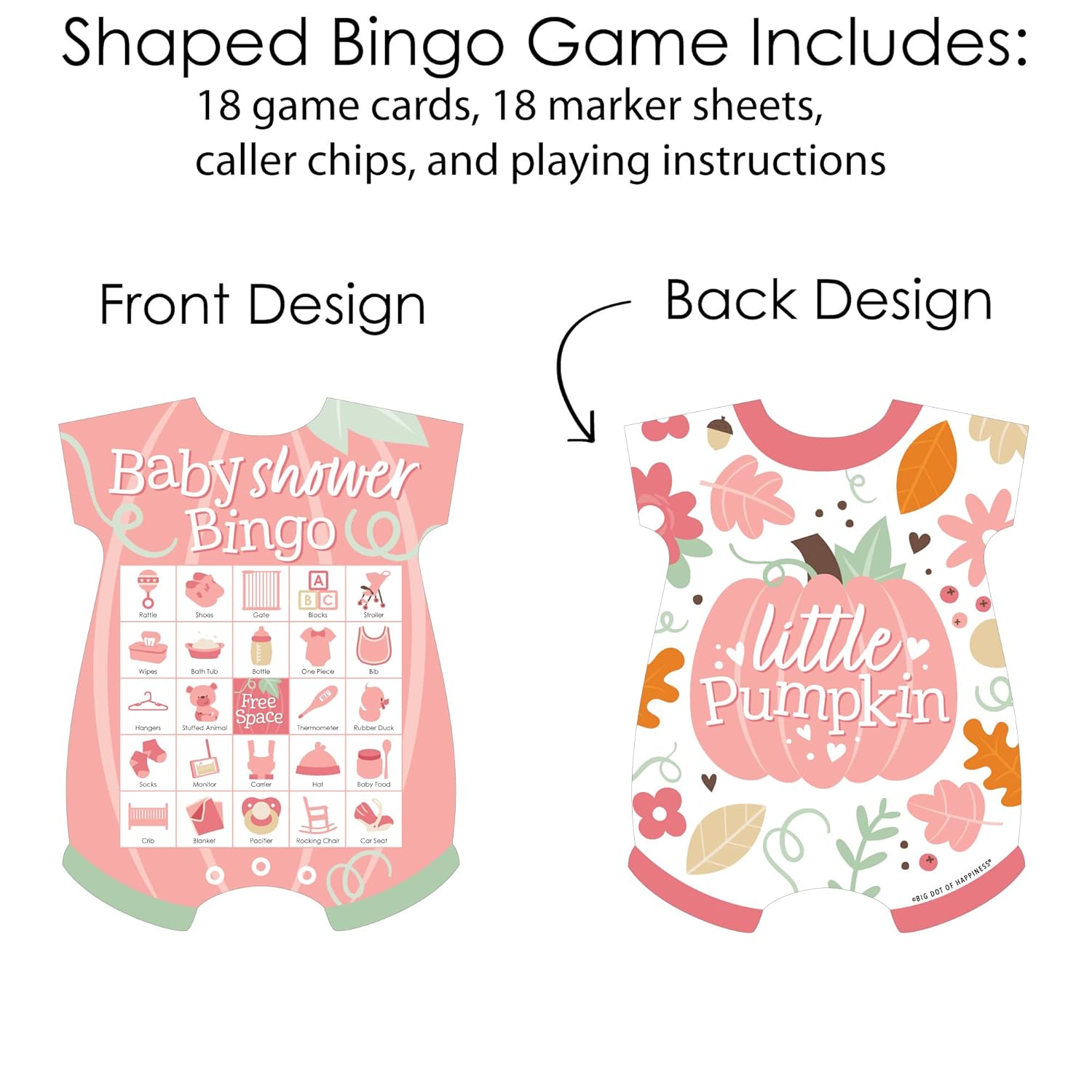 Big Dot of Happiness Pink Little Pumpkin - Picture Bingo Cards and Markers - Fall Baby Shower Shaped Bingo Game - Set of 18